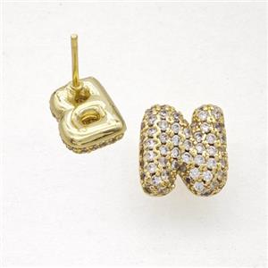 Copper Stud Earrings Pave Zirconia Letter-N Gold Plated, approx 8-10mm [FN50849]