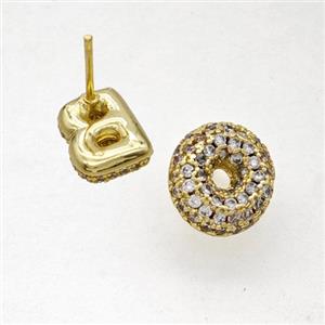 Copper Stud Earrings Pave Zirconia Letter-O Gold Plated, approx 8-10mm [FN50850]