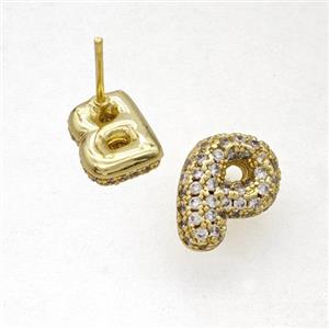 Copper Stud Earrings Pave Zirconia Letter-P Gold Plated, approx 8-10mm [FN50851]
