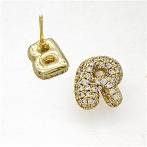 Copper Stud Earrings Pave Zirconia Letter-R Gold Plated, approx 8-10mm [FN50853]