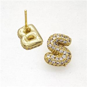 Copper Stud Earrings Pave Zirconia Letter-S Gold Plated, approx 8-10mm [FN50854]