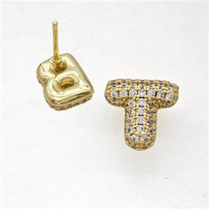 Copper Stud Earrings Pave Zirconia Letter-T Gold Plated, approx 8-10mm [FN50855]