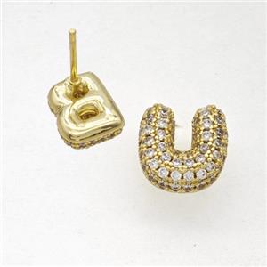Copper Stud Earrings Pave Zirconia Letter-U Gold Plated, approx 8-10mm [FN50856]