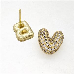 Copper Stud Earrings Pave Zirconia Letter-V Gold Plated, approx 8-10mm [FN50857]