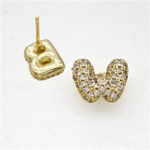 Copper Stud Earrings Pave Zirconia Letter-W Gold Plated, approx 8-10mm [FN50858]