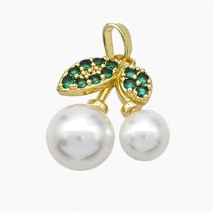 Copper Cherry Pendant Pave Zirconia White Pearlized Resin Gold Plated, approx 17mm [FN50867]