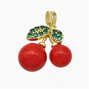 Copper Cherry Pendant Pave Zirconia Red Pearlized Resin Gold Plated, approx 17mm [FN50868]