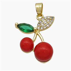 Copper Cherry Pendant Pave Zirconia Red Pearlized Resin Gold Plated, approx 17-20mm [FN50870]
