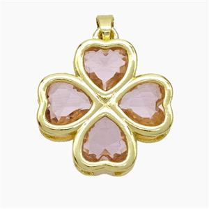 Copper Clover Pendant Pave Pink Crystal Glass Heart Gold Plated, approx 21mm [FN50875]