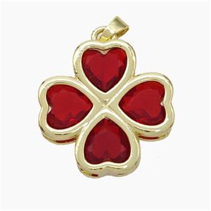 Copper Clover Pendant Pave Red Crystal Glass Heart Gold Plated, approx 21mm [FN50876]