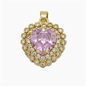 Copper Heart Pendant Micropave Zirconia Pink Crystal Glass Gold Plated, approx 14mm [FN50884]