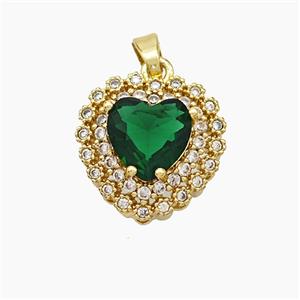 Copper Heart Pendant Micropave Zirconia Green Crystal Glass Gold Plated, approx 14mm [FN50886]