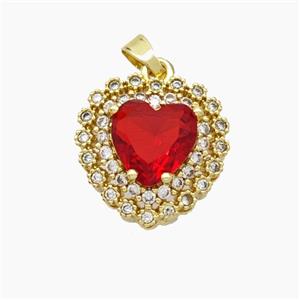 Copper Heart Pendant Micropave Zirconia Red Crystal Glass Gold Plated, approx 14mm [FN50887]