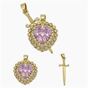 Copper Sword Heart Pendant Pave Zirconia Pink Crystal Glass Gold Plated, approx 14mm, 10-28mm [FN50898]