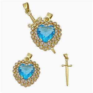 Copper Sword Heart Pendant Pave Zirconia Blue Crystal Glass Gold Plated, approx 14mm, 10-28mm [FN50899]