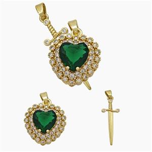 Copper Sword Heart Pendant Pave Zirconia Green Crystal Glass Gold Plated, approx 14mm, 10-28mm [FN50900]