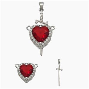 Copper Sword Heart Pendant Pave Zirconia Red Crystal Glass Platinum Plated, approx 14mm, 10-28mm [FN50902]