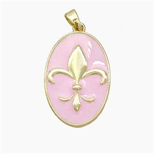 Copper Oval Pendant Fleur De Lis Pink Enamel Gold Plated, approx 16-24mm [FN50919]