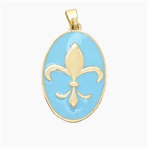 Copper Oval Pendant Fleur De Lis Blue Enamel Gold Plated, approx 16-24mm [FN50920]