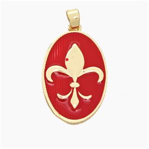 Copper Oval Pendant Fleur De Lis Red Enamel Gold Plated, approx 16-24mm [FN50921]
