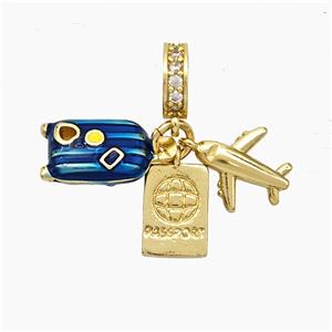 Copper Airplane Travel Box Passport Pendant Painted Gold Plated, approx 7-12mm, 8mm dia [FN50923]