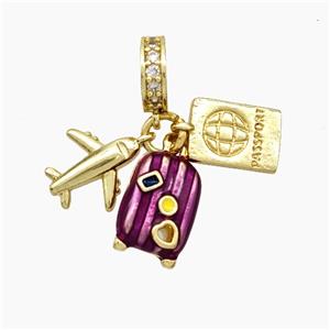 Copper Airplane Travel Box Passport Pendant Painted Gold Plated, approx 7-12mm, 8mm dia [FN50924]