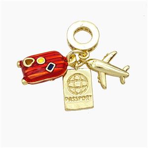 Copper Airplane Travel Box Passport Pendant Painted Gold Plated, approx 7-12mm, 8mm dia [FN50925]