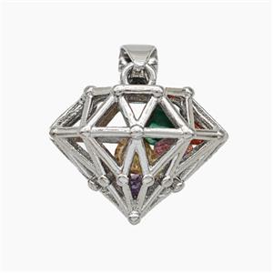 Copper Diamond Pendant Pave Zirconia Hollow Platinum Plated, approx 12-15-18mm [FN50965]