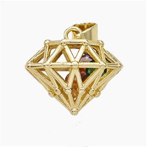 Copper Diamond Pendant Pave Zirconia Hollow Gold Plated, approx 12-15-18mm [FN50966]