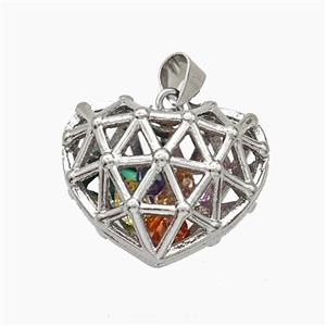 Copper Heart Pendant With Zirconia Hollow Platinum Plated, approx 12-15-18mm [FN50967]