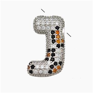 Copper Letter-J Pendant Micropave Zirconia Platinum Plated, approx 16-23mm, 3-5mm hole [FN50980]