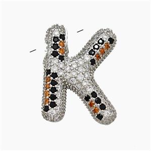 Copper Letter-K Pendant Micropave Zirconia Platinum Plated, approx 16-23mm, 3-5mm hole [FN50981]