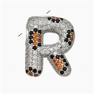 Copper Letter-R Pendant Micropave Zirconia Platinum Plated, approx 16-23mm, 3-5mm hole [FN50988]