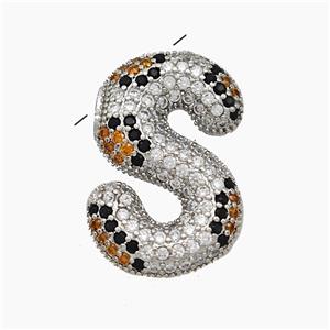 Copper Letter-S Pendant Micropave Zirconia Platinum Plated, approx 16-23mm, 3-5mm hole [FN50989]