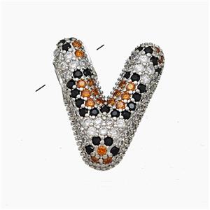 Copper Letter-V Pendant Micropave Zirconia Platinum Plated, approx 16-23mm, 3-5mm hole [FN50992]