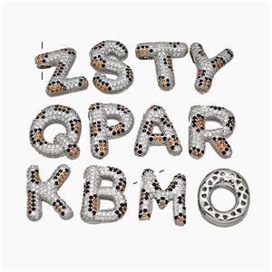 Copper Letters Pendant Micropave Zirconia Large Hole Platinum Plated Mix Alphabets, approx 16-23mm, 3-5mm hole [FN50997]