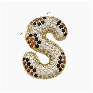 Copper Letter-S Pendant Micropave Zirconia Gold Plated, approx 16-23mm, 3-5mm hole [FN51016]
