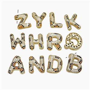 Copper Letters Pendant Micropave Zirconia Large Hole Gold Plated Mix Alphabets, approx 16-23mm, 3-5mm hole [FN51024]