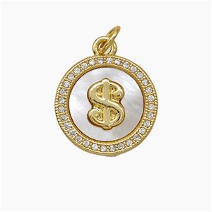 Copper Dollar Symbols Pendant Pave Zirconia Shell Circle 18K Gold Plated, approx 15mm [FN51027]