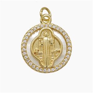 Copper Jesus Pendant Pave Zirconia Shell Circle 18K Gold Plated, approx 17mm [FN51029]