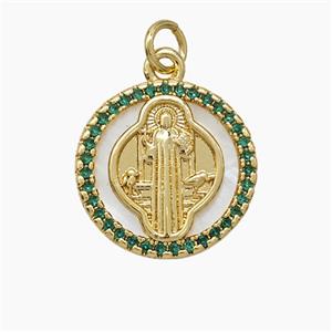 Copper Jesus Pendant Pave Zirconia Shell Circle 18K Gold Plated, approx 17mm [FN51030]