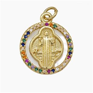 Copper Jesus Pendant Pave Zirconia Shell Circle 18K Gold Plated, approx 17mm [FN51032]