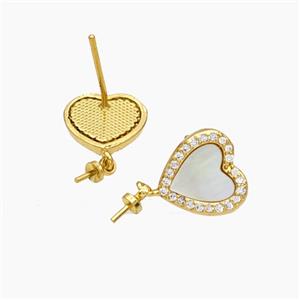 Copper Heart Stud Earrings Pave Zirconia Shell 18K Gold Plated, approx 11mm [FN51043]