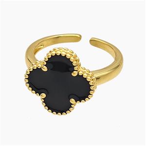 Copper Clover Rings Black Enamel 18K Gold Plated, approx 15mm, 18mm dia [FN51045]