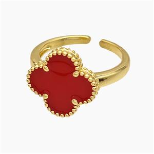 Copper Clover Rings Red Enamel 18K Gold Plated, approx 15mm, 18mm dia [FN51046]