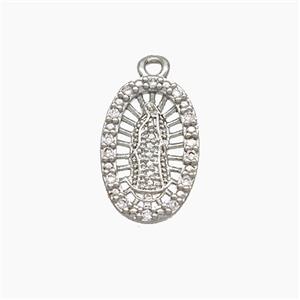 Virgin Mary Charms Copper Oval Pendant Pave Zirconia Platinum Plated, approx 9-14mm [FN51075]
