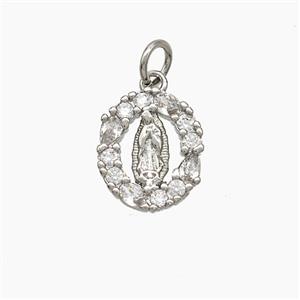 Virgin Mary Charms Copper Oval Pendant Pave Zirconia Platinum Plated, approx 10-13mm [FN51077]