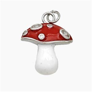Copper Mushroom Charms Pendant Pave Zirconia White Red Enamel Platinum Plated, approx 17-18mm [FN51120]