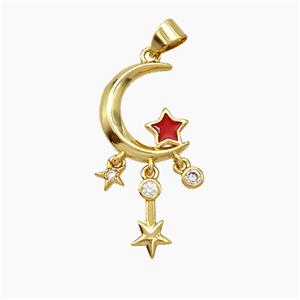 Copper Moon Star Pendant Pave Zirconia Red Enamel Gold Plated, approx 4-10mm, 13-16mm [FN51127]