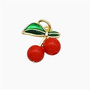 Copper Cherry Pendant Pave Red Resin Green Painted Gold Plated, approx 12-14mm [FN51149]